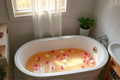Compact portable bathtub in a relaxing small apartment bathroom
